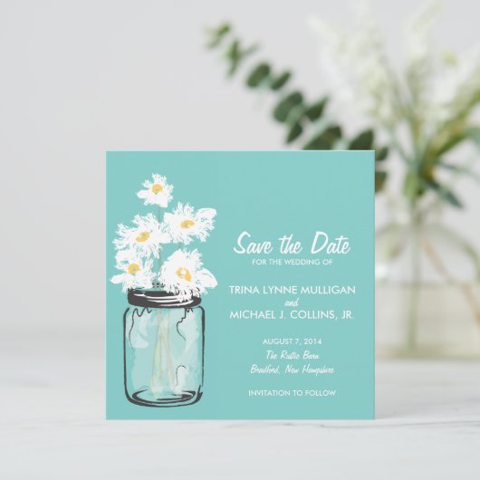 Mason Jar & White Daisies Save the Date (Staand voorkant)