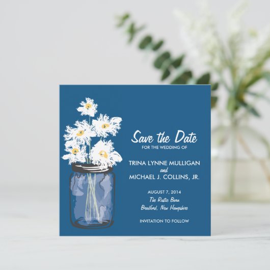 Mason Jar & White Daisies Save the Date (Staand voorkant)