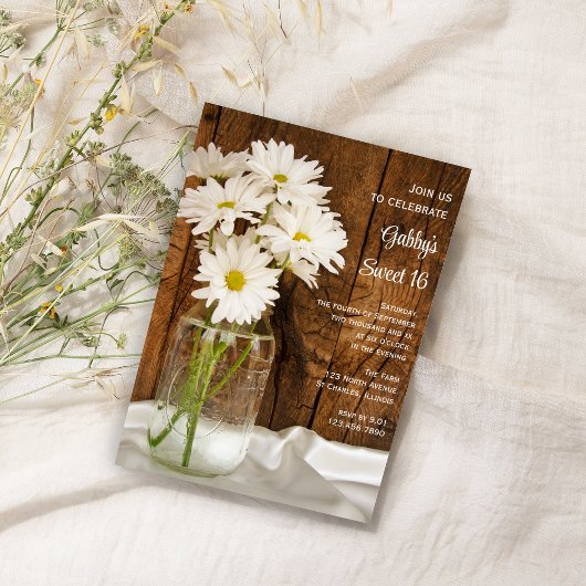 Mason Jar White Daisies Sweet 16 Birthday Party Kaart