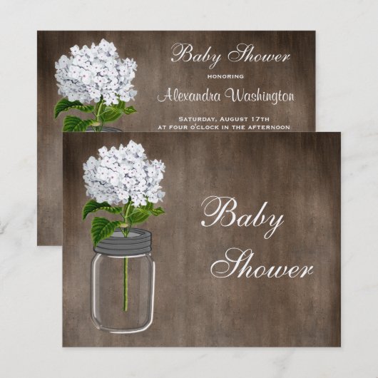Mason Jar & White Hydrangea Rustic Baby shower Kaart (Voorkant / Achterkant)