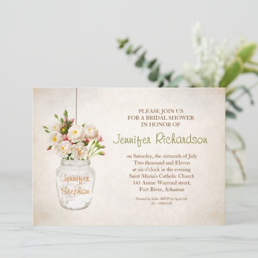 Mason Jar & White Roses Bruids Douche Uitnodiging (Staand voorkant)