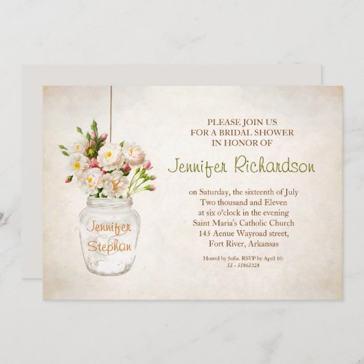 Mason Jar & White Roses Bruids Douche Uitnodiging (Voorkant / Achterkant)
