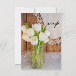 Mason Jar White Tulips Country Barn Weddenschap RS RSVP Kaartje