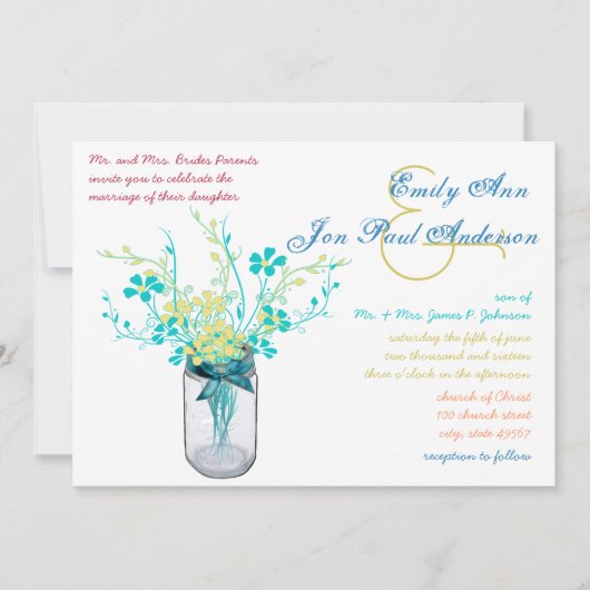 Mason Jar Wild Flower Wedding Invitations Kaart (Voorkant)