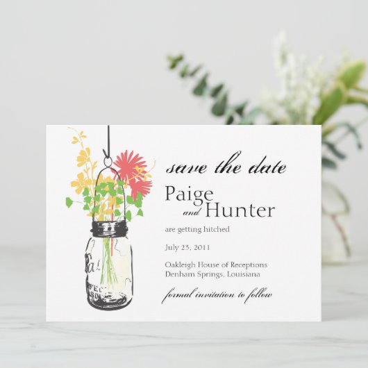 Mason Jar & Wild Flowers Save the Date (Staand voorkant)