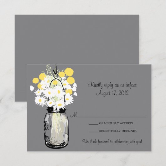 Mason Jar Wilde Madeliefjes & Billy Balls RSVP Kaartje (Voorkant / Achterkant)