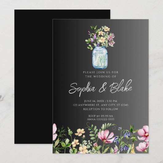 Mason Jar Wildflower Rustic Country Black Wedding Kaart (Voorkant / Achterkant)