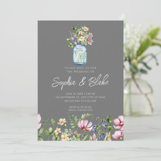 Mason Jar Wildflower Rustic Country Gray Wedding Kaart (Staand voorkant)
