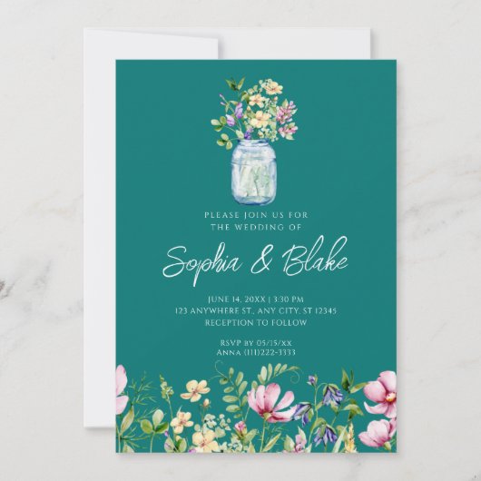 Mason Jar Wildflower Rustic Country Green Wedding Kaart (Voorkant)