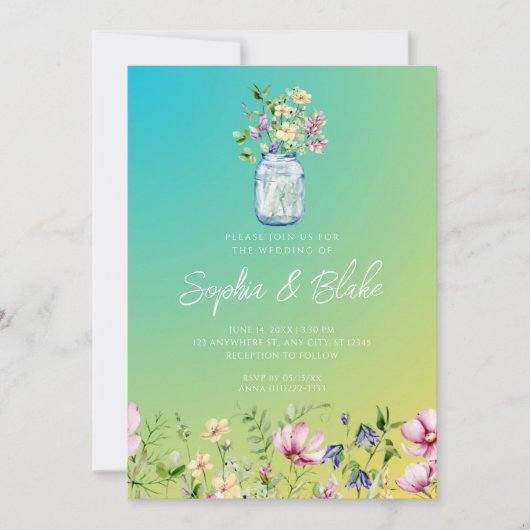 Mason Jar Wildflower Rustic Ombre Green Wedding Kaart (Voorkant)