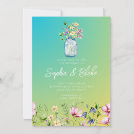 Mason Jar Wildflower Rustic Ombre Green Wedding Kaart