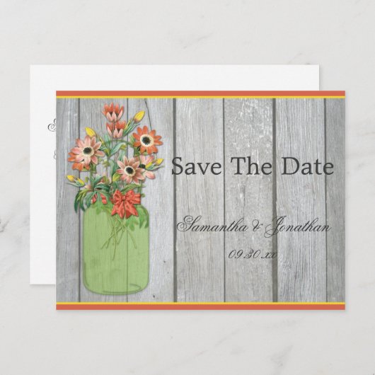 Mason Jar Wildflowers Barn Wood Bewaar de datum Aankondigingskaart (Voorkant / Achterkant)