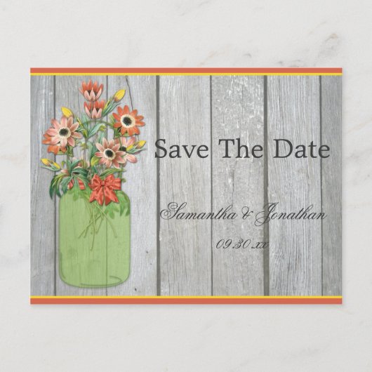 Mason Jar Wildflowers Barn Wood Bewaar de datum Aankondigingskaart (Voorkant)