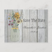 Mason Jar Wildflowers Barn Wood Bewaar de datum Aankondigingskaart (Voorkant)