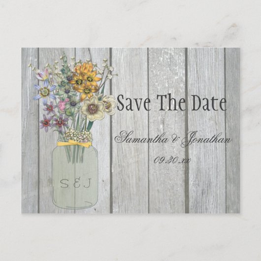 Mason Jar Wildflowers Barn Wood Bewaar de datum Aankondigingskaart (Voorkant)
