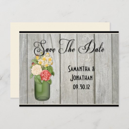 Mason Jar Wildflowers Houten Boards Bewaar de datu Aankondigingskaart (Voorkant / Achterkant)