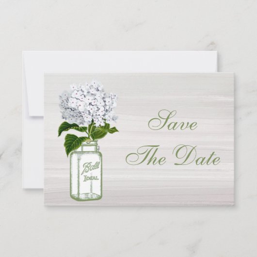 Mason Jar & Witte Hortensia Save The Date Trouwen (Voorkant)