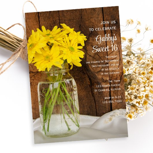 Mason Jar Yellow Daisies Sweet 16 Birthday Party Kaart