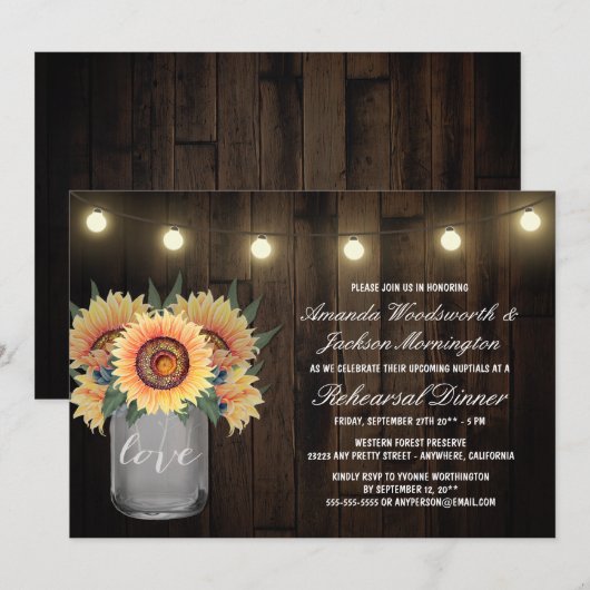 Mason Jar + Zonnebloem Proefhuwelijksdiner Uitnodi Kaart (Voorkant / Achterkant)