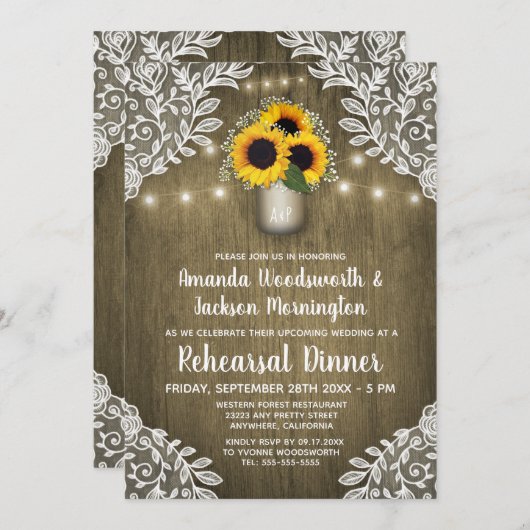 Mason Jar Zonnebloem repetitie diner uitnodigingen (Voorkant / Achterkant)