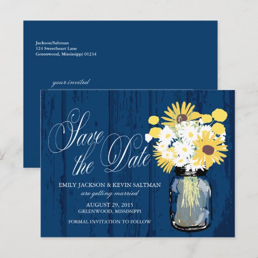 Mason Jar Zonnebloemen en margrieten Save the Date Aankondigingskaart (Voorkant / Achterkant)