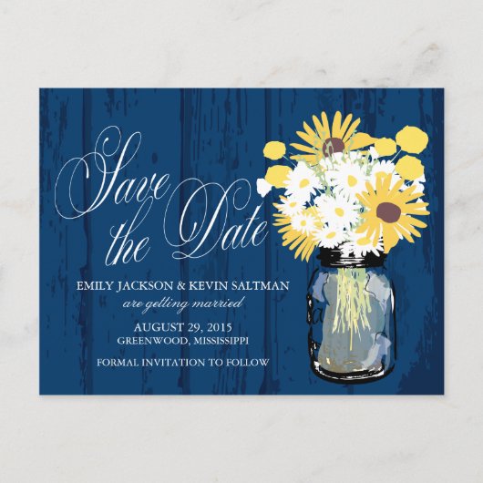 Mason Jar Zonnebloemen en margrieten Save the Date Aankondigingskaart (Voorkant)