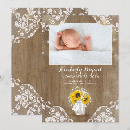 Mason Jar Zonnebloemen Rustiek Baby Geboortefoto Aankondiging (Voorkant / Achterkant)