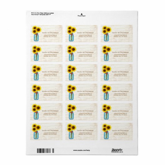 Mason Jar & Zonnebloemen Rustiek Land Bruiloft Etiket (Full Sheet)