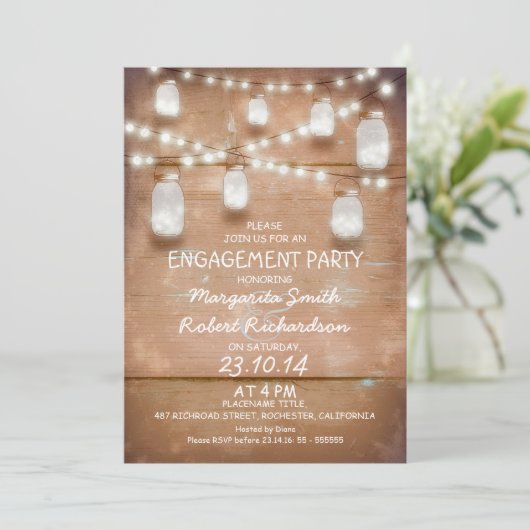 Mason Jars and Lights verlovingsfeest uitnodiging (Staand voorkant)
