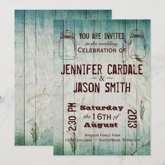 Mason Jars Barn Wood Country Wedding Invitations Kaart (Voorkant / Achterkant)