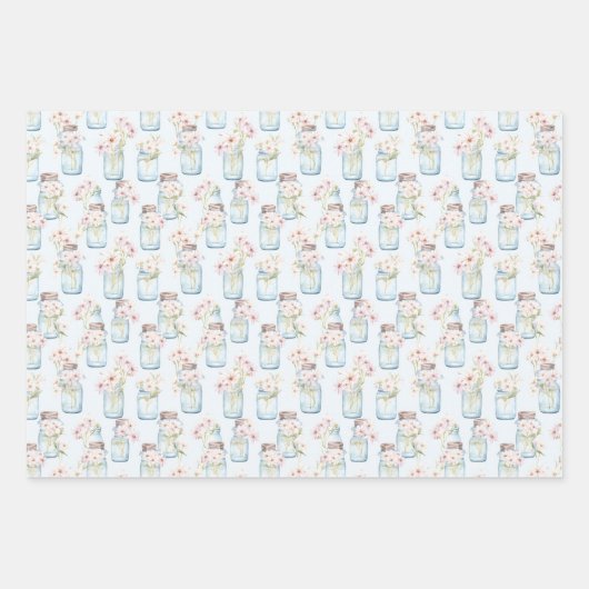 Mason Jars Blauw Witte Bloemen Greenery Inpakpapier Vel (Voorkant 2)