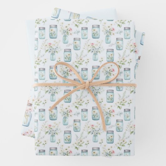 Mason Jars Blauw Witte Bloemen Greenery Inpakpapier Vel (In situ)