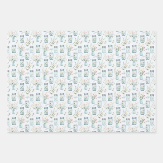 Mason Jars Blauw Witte Bloemen Greenery Inpakpapier Vel (Voorkant)
