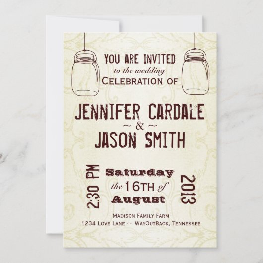 Mason Jars Country Swirls Wedding Invitations Kaart (Voorkant)