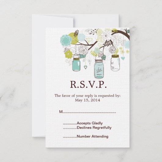 Mason Jars en Blauw Groene Bloemen Wedding RSVP (Voorkant)