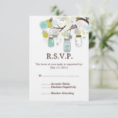 Mason Jars en Blauw Groene Bloemen Wedding RSVP (Staand voorkant)