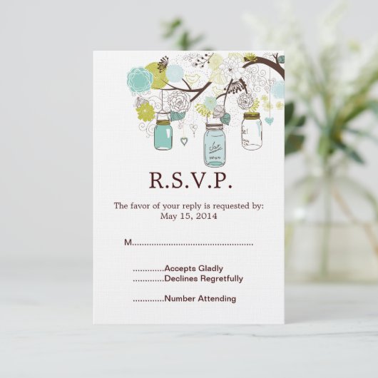 Mason Jars en Blauw Groene Bloemen Wedding RSVP (Staand voorkant)