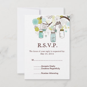 Mason Jars en Blauw Groene Bloemen Wedding RSVP
