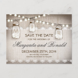 Mason Jars en Burlap Lace Sla de datum op Aankondigingskaart