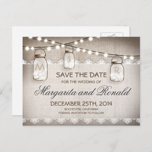 Mason Jars en Burlap Lace Sla de datum op Aankondigingskaart (Voorkant / Achterkant)
