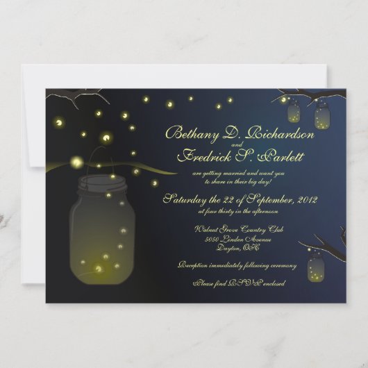 Mason Jars en Fireflies Wedding Invitation Kaart (Voorkant)