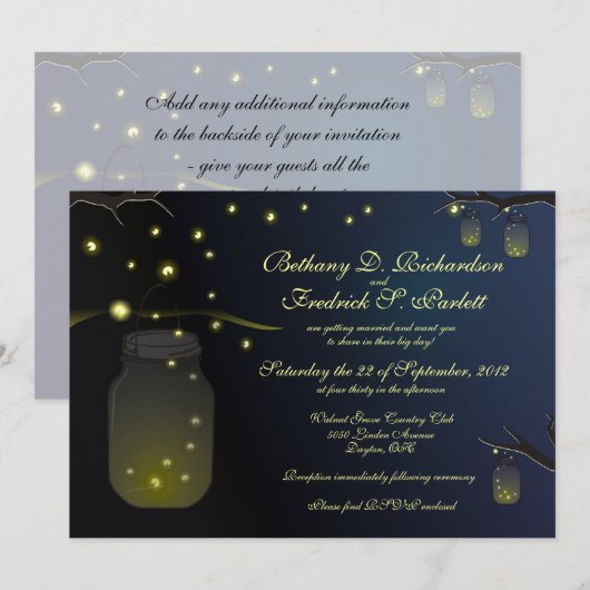 Mason Jars en Fireflies Wedding Invitation Kaart (Voorkant / Achterkant)