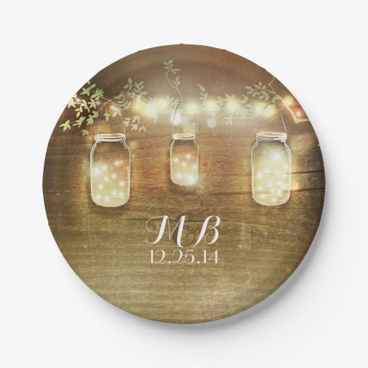 Mason Jars en String Lights Rustiek Papieren Bordje (Voorkant)