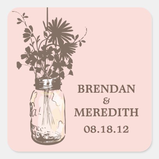 Mason Jars en Wildflowers Bruiloft Vierkante Sticker