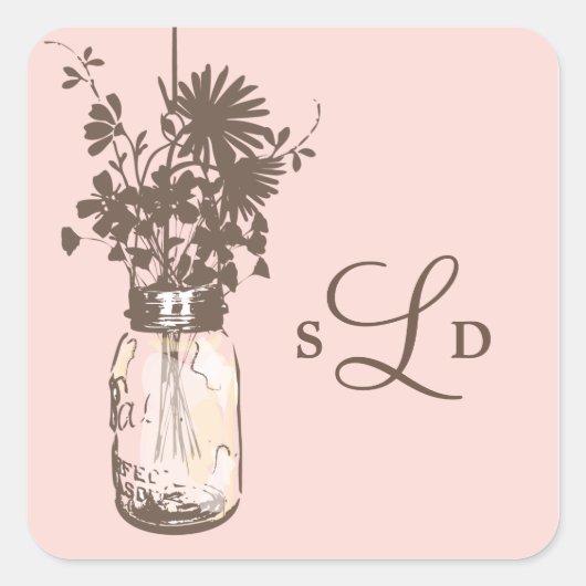 Mason Jars en Wildflowers Bruiloft Vierkante Sticker (Voorkant)