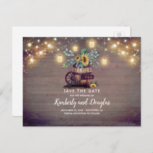 Mason Jars en Zonnebloem Rustieke Herfst Save the Aankondigingskaart (Voorkant / Achterkant)