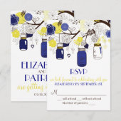 Mason Jars in Marineblauw en Geel RSVP Uitnodiging (Voorkant / Achterkant)