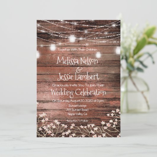 Mason Jars Lights Baby's Breath Rustic Wedding Kaart (Staand voorkant)