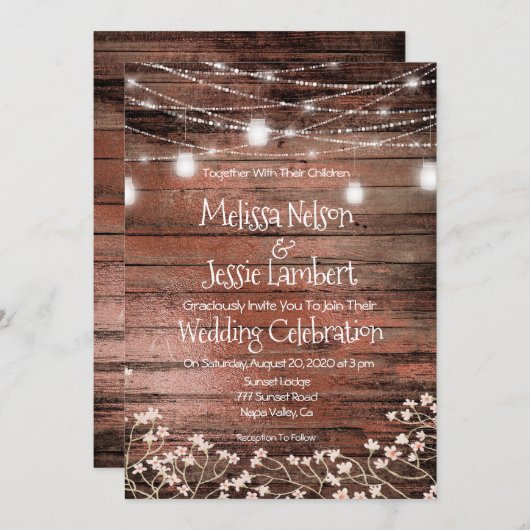 Mason Jars Lights Baby's Breath Rustic Wedding Kaart (Voorkant / Achterkant)