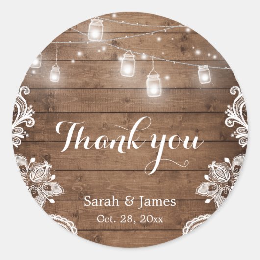 Mason Jars Lights Lace Rustic Wood Wedding Favor Ronde Sticker (Voorkant)